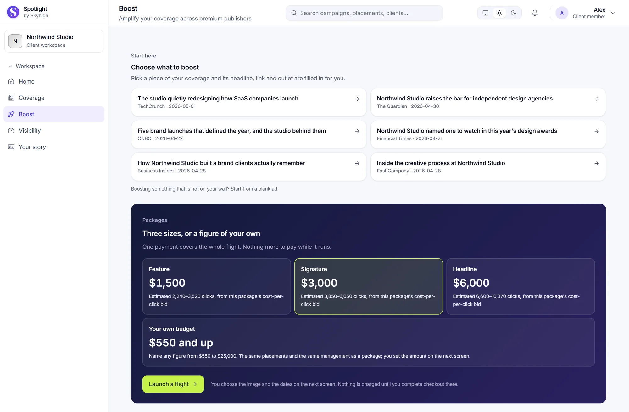 Boost: choose a placement from your coverage wall, then pick a Feature, Signature or Headline package or set your own budget
