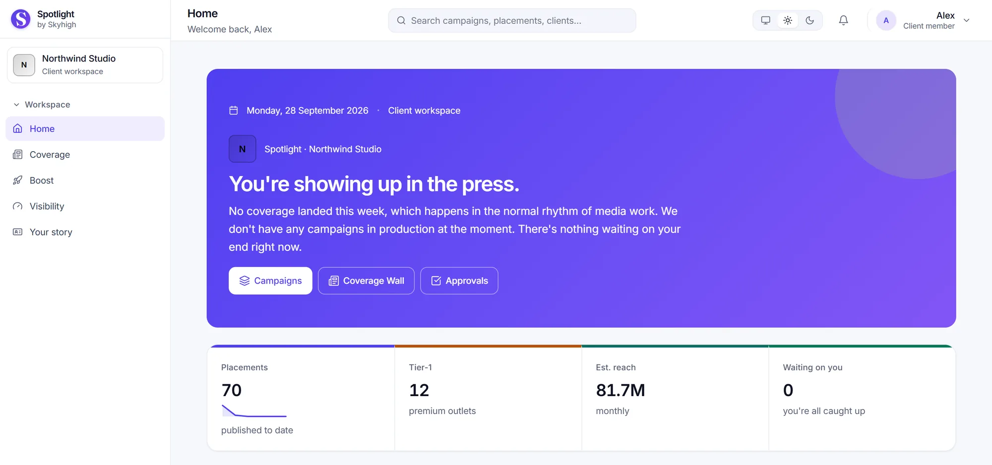 Spotlight workspace home with placements, tier-one wins, estimated reach and a Do this next list