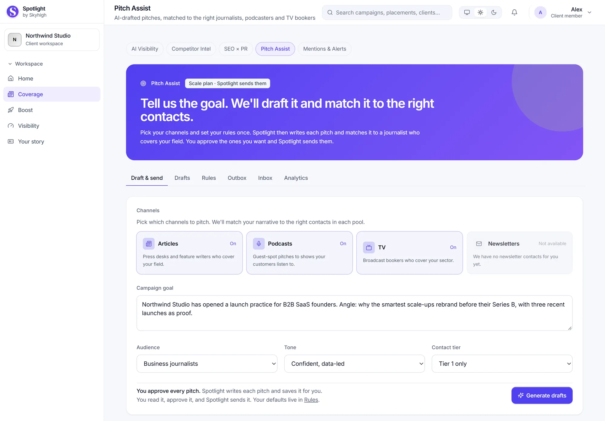 Pitch Assist: choose channels, write a campaign goal, pick audience, tone and contact tier, then generate drafts