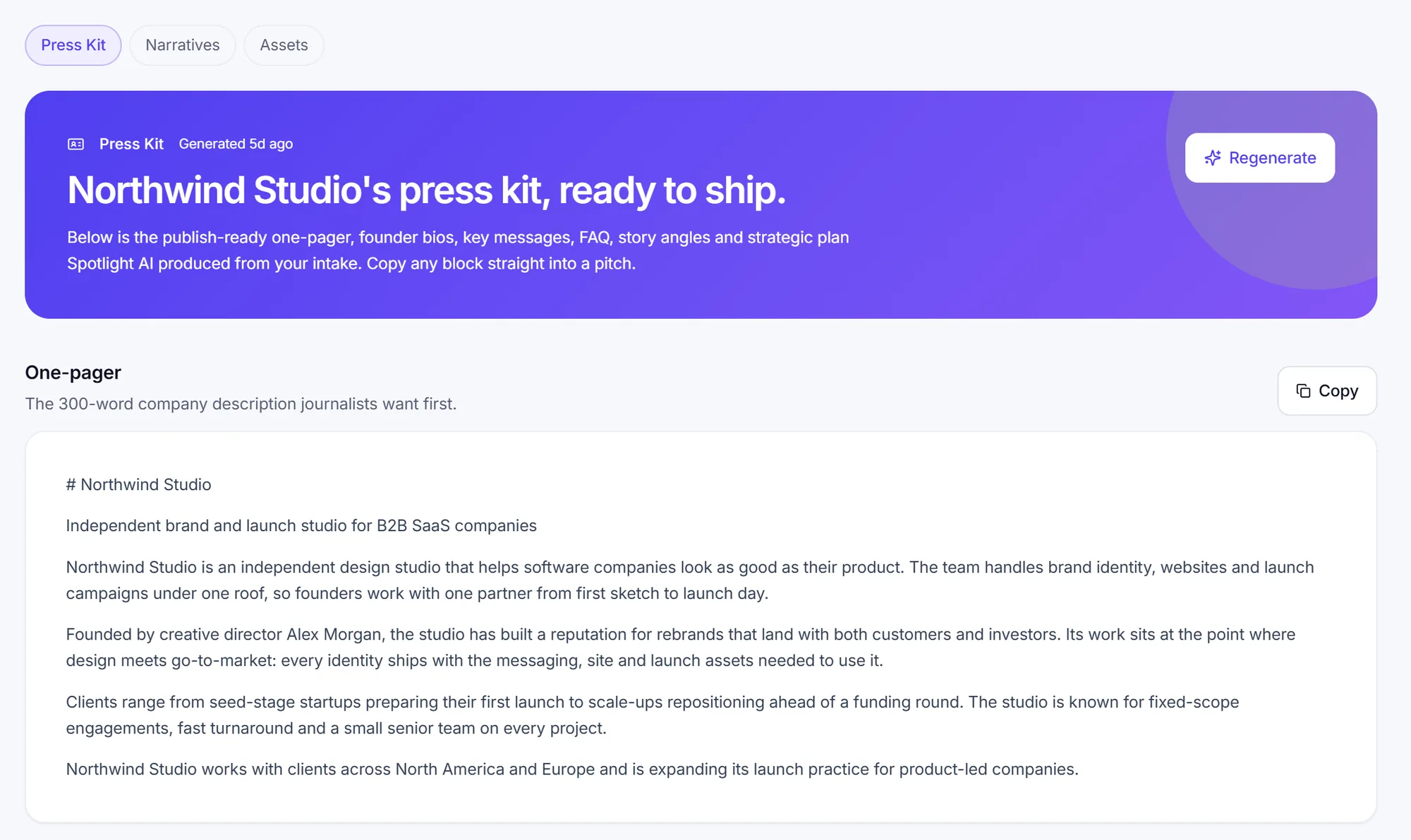 Press kit with a generated one-pager for the workspace
